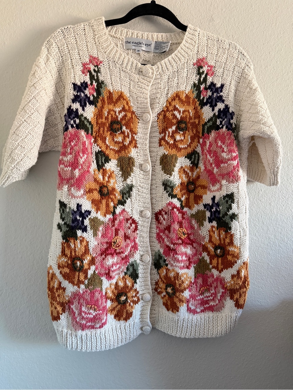 Vintage The Eagles Eyes Hand Knit Cardigan Cotton Floral Cottage Core Grandma